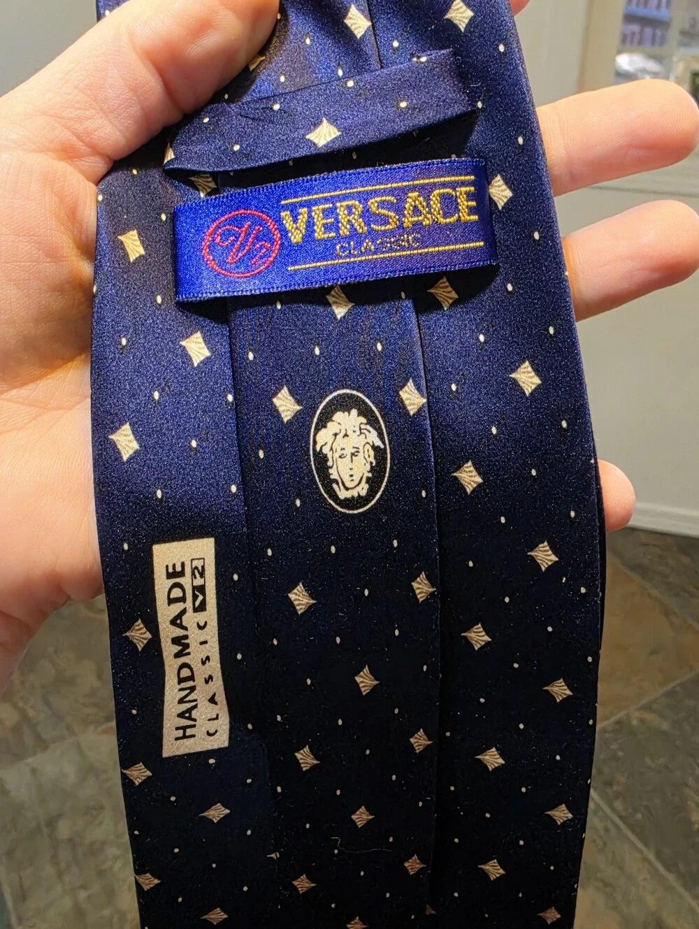 Vintage Versace V2 Blue Silk Geometric Diamond Tie